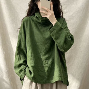 新款秋季长袖衬衫文艺复古宽松上衣绿色内搭设计感港味纯色衬衫女