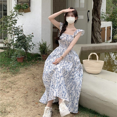 法式飞飞袖碎花连衣裙子女夏季2025新款小个子气质高级感小众长裙