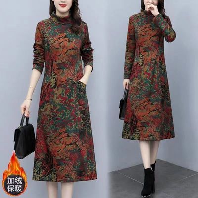 复古加绒连衣裙女新款加厚保暖冬季打底妈妈装过膝气质打底长裙子