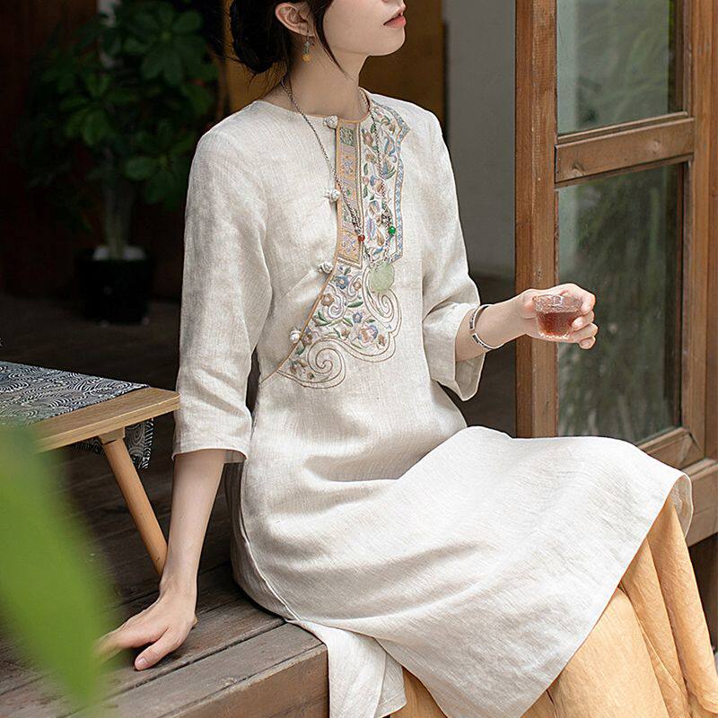中国风连衣裙纯亚麻棉麻上衣复古盘扣刺绣花轻中式茶服女装连身裙