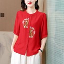 洋气衬衣纯棉刺绣上衣服 妈妈夏装 短袖 T恤女士棉麻衬衫 民族风女装