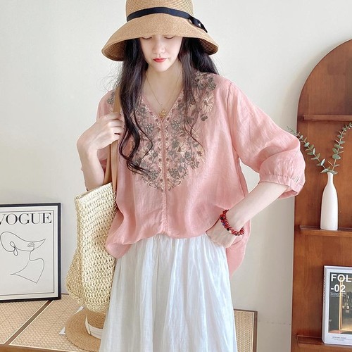 女士小衫宽松v领亚麻上衣