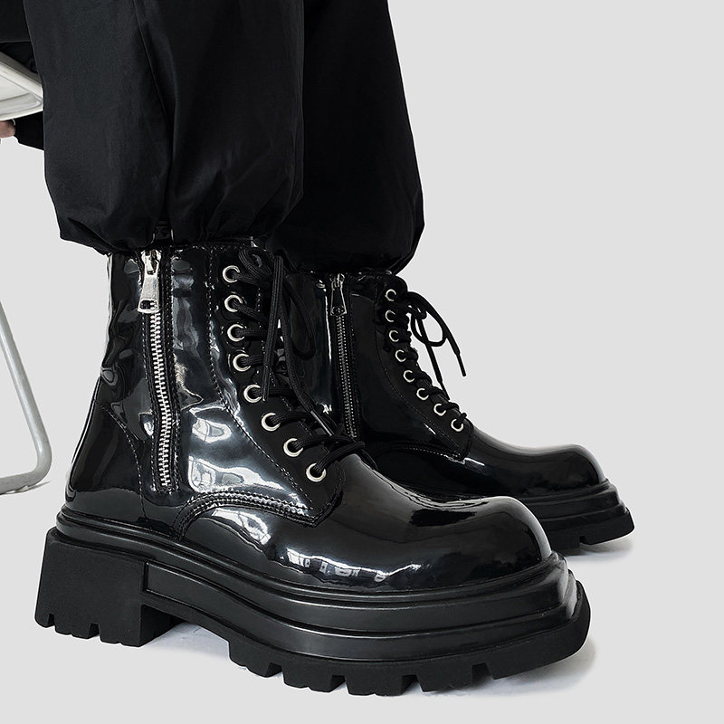 黑色马丁靴男英伦潮流漆皮亮面厚底增高靴B253-9303-P125，男鞋马丁靴，星座814A（原电商B253）