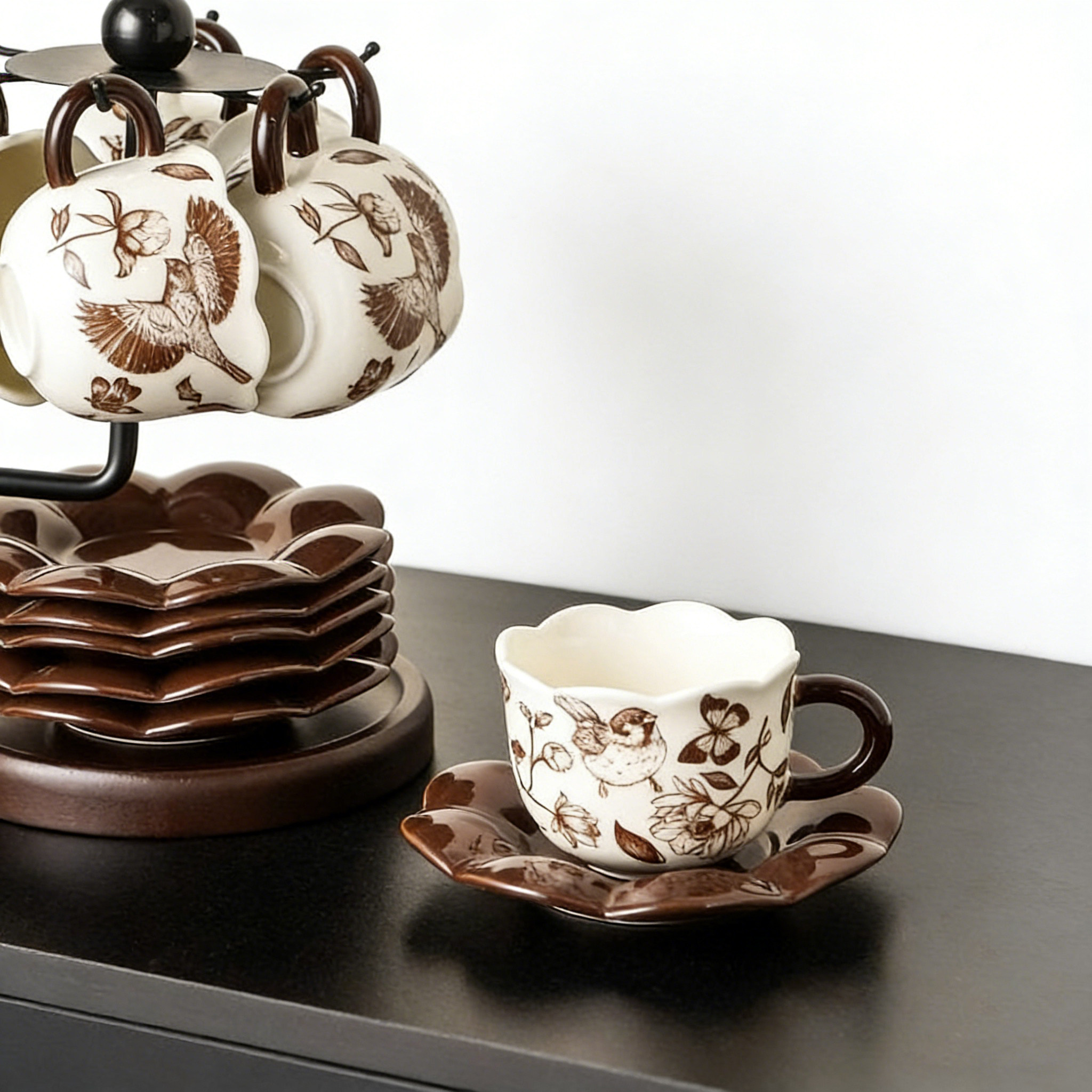 田园花卉咖啡杯碟套装带收纳架家用下午茶杯子高颜值陶瓷水具套装