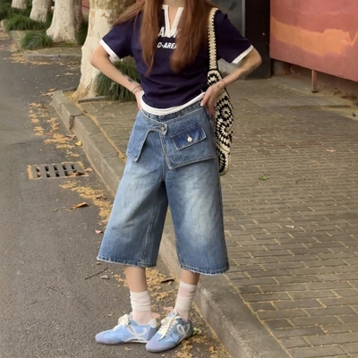 9027#42       大码美式阔腿牛仔裤女夏季薄款2025新款胖mm七分裤