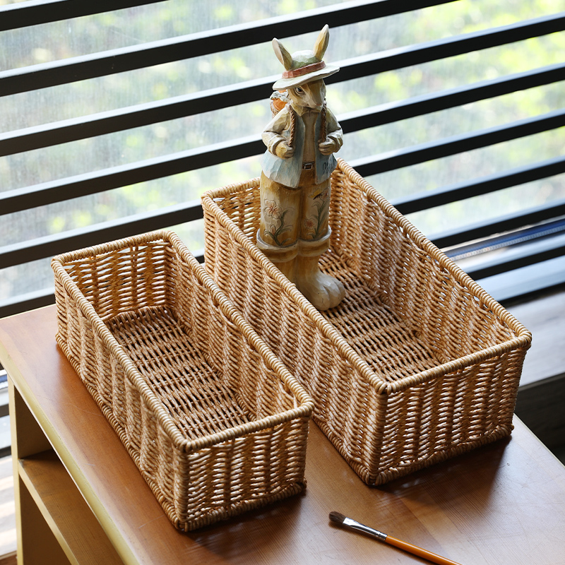 仿藤编桌面杂物零食化妆品收纳盒