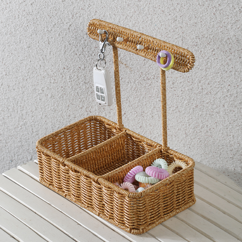 进门口玄关挂钥匙收纳架仿藤编织托盘桌面置物架首饰化妆品收纳盒