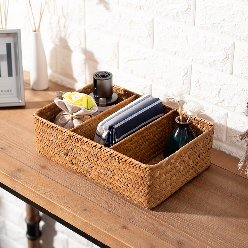 桌面分格收纳盒手工草编