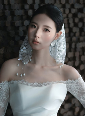法式新娘短款头巾白色蕾丝花边贝壳亮片结婚主婚纱高级感超仙头饰