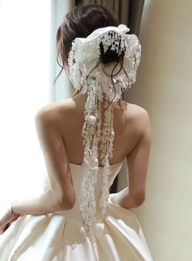 法式风白色蕾丝缎面发圈新娘结婚复古流苏花朵高级感缎面婚纱头饰