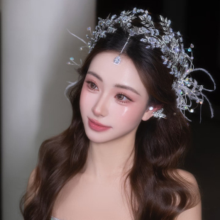 新娘皇冠合金水钻羽毛三件套结婚大气超仙婚礼头饰套装