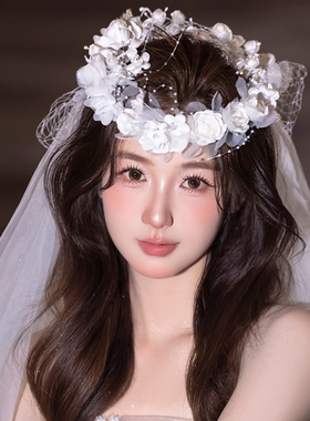 森系超仙花环头纱新娘结婚唯美氛围感白色婚纱拍照发饰