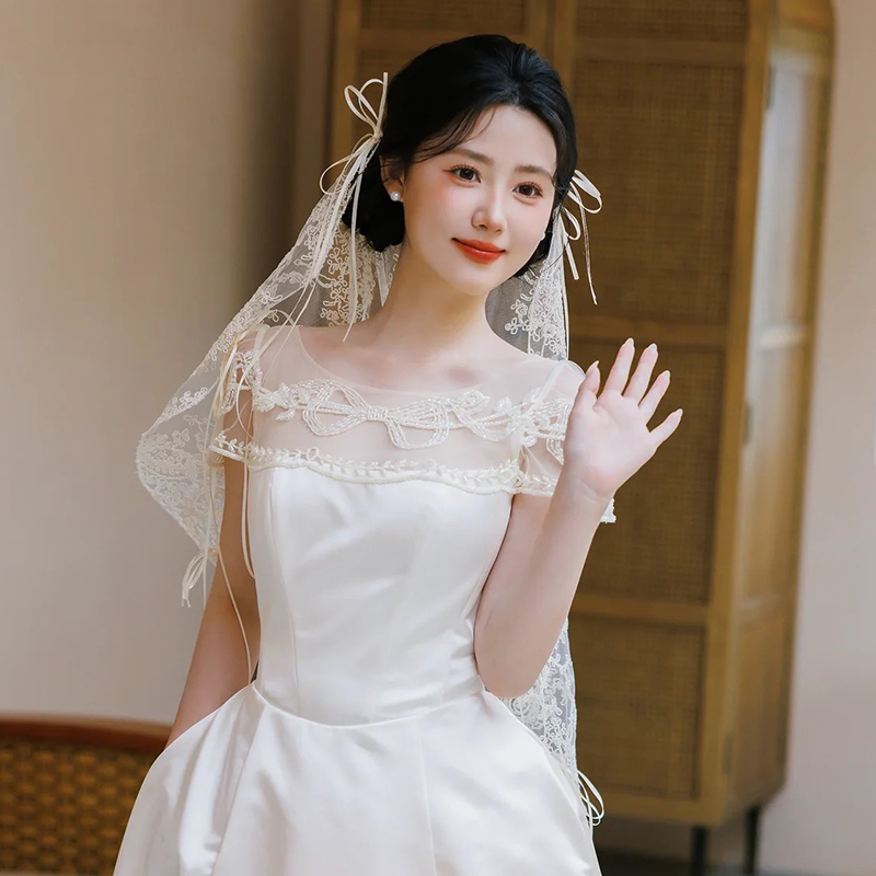 高级感订婚礼服法式复古轻婚纱小众短款蕾丝头纱蝴蝶结飘带轻奢