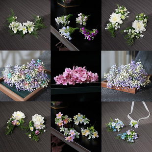 新娘甜美头饰品森系外景写真对夹浅蓝花色唯美仿真花朵造型配饰