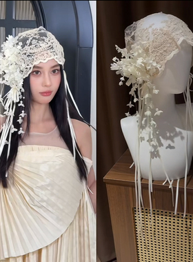 超仙氛围感法式白色蕾丝包头帽子花朵流苏发饰套装新娘婚纱头饰