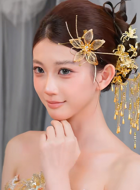 新娘发饰复古金色花朵流苏边夹合金镀金婚礼敬酒服配饰