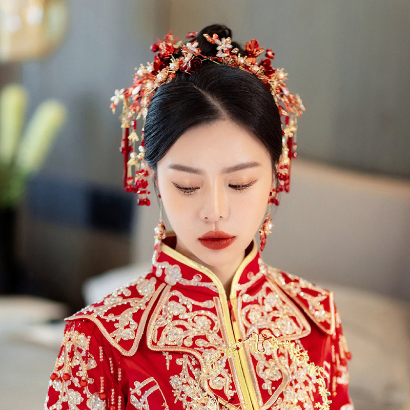 新娘头饰中式婚礼红色发饰民族风复古妆古装龙凤褂敬酒秀禾服配饰