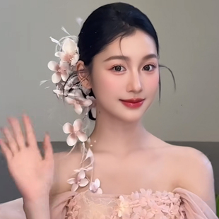 新款森系渐变粉色樱花长尾花发饰新娘头饰超仙结婚纱礼服造型配饰