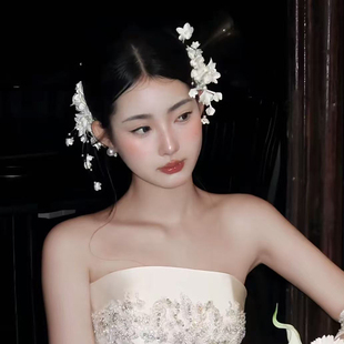 高级感新娘头饰白色花朵边夹韩系氛围感甜美婚礼晚礼服配饰