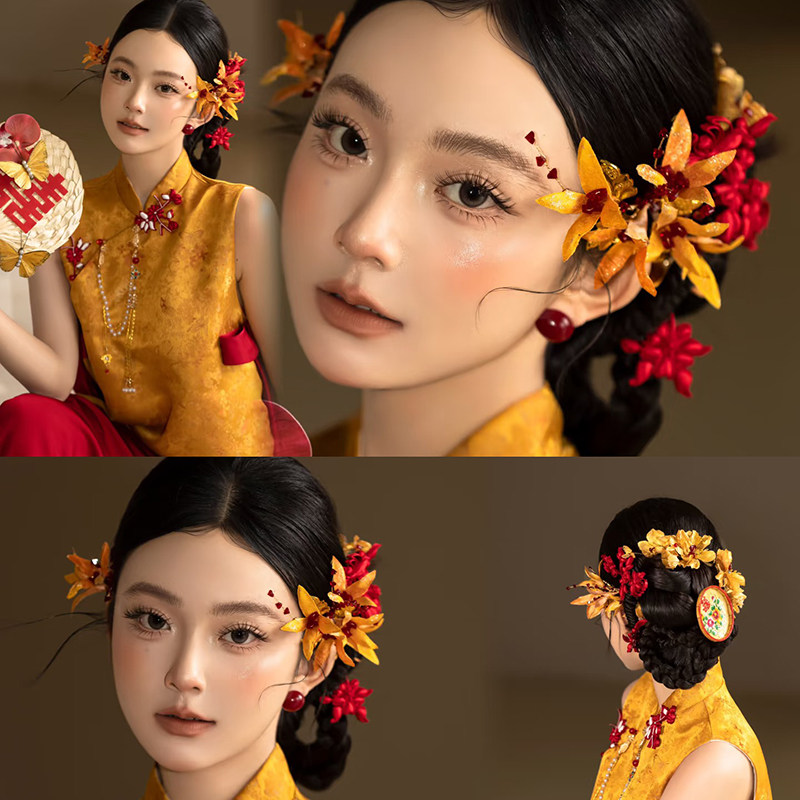 新中式新娘头饰仿真花朵金色发饰结婚礼服造型配饰敬酒秀禾服配饰