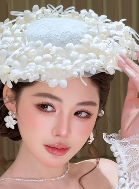 法式风白色花瓣蕾丝帽子头饰新娘婚纱礼服造型发饰奢华大气仙气