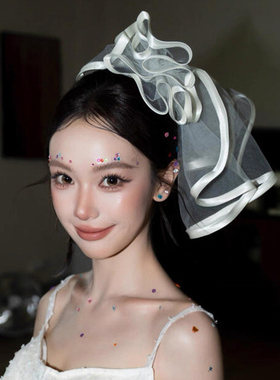 白色蝴蝶结网纱头纱新娘领证拍照道具高级感超仙短款蓬蓬纱头饰