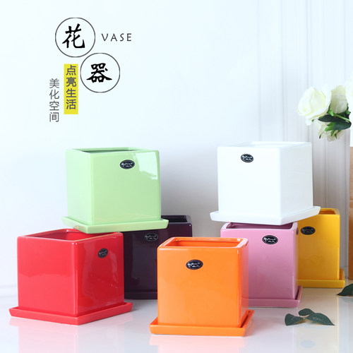 陶瓷水培纯白色桌面正方形花盆
