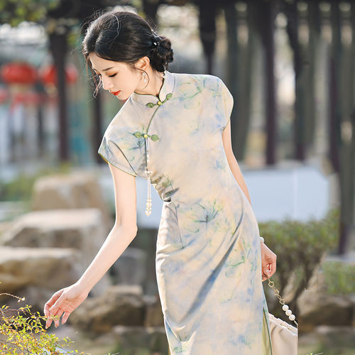蓝绿色连肩袖国风新中式长款旗袍改良年轻款女高级感复古短袖夏季