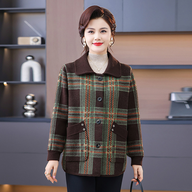 秋冬新款女针织开衫翻领拉链格子韩国绒外套宽松显瘦中年妈妈上衣
