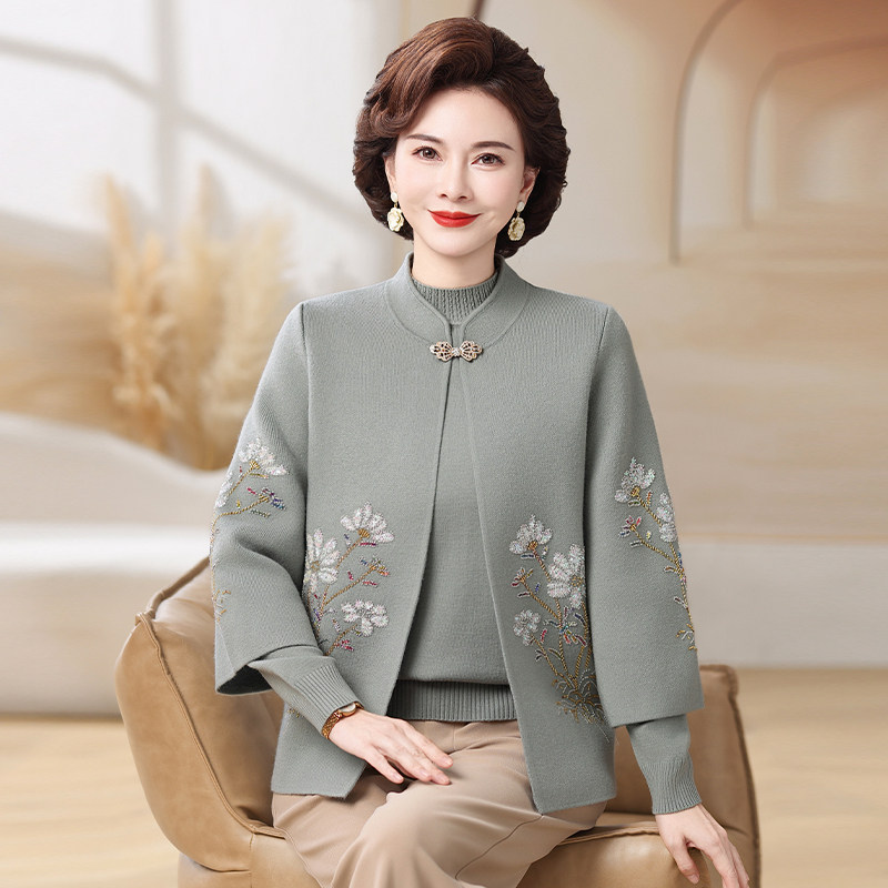 新款妈妈装秋季针织俩件套上衣中老年女秋冬宽松毛衣开衫外套装