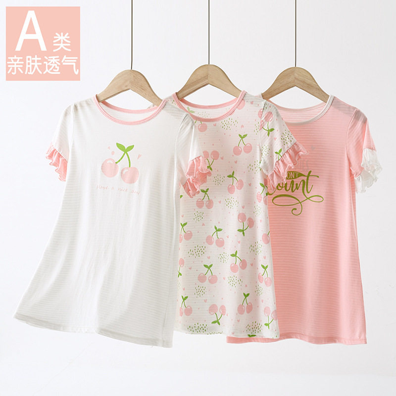 女童睡裙夏季薄款竹节棉睡衣中长款清新甜美小裙子短袖110-160