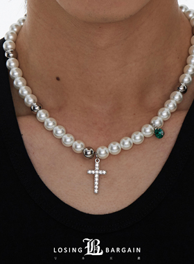【Losing Bargain】 2020SS  小众设计款镶钻十字架珍珠项链