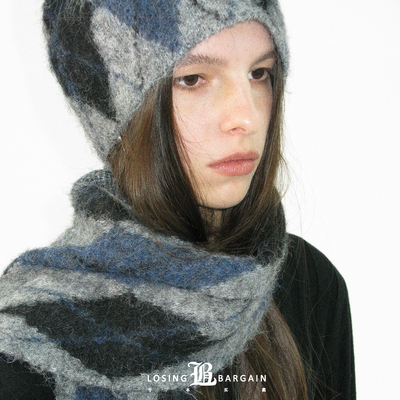 【Losing Bargain】氛围菱格羊毛混纺双色百搭款秋冬围巾围脖男女