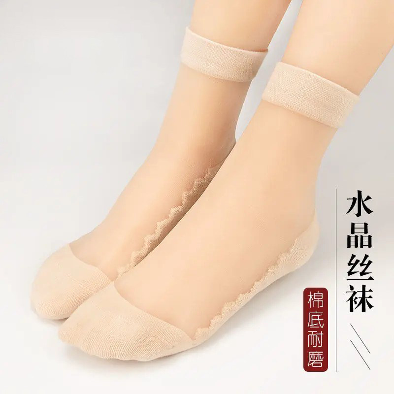 袜子女纯棉底春夏薄款水晶蕾丝袜短肉色肤色中筒玻璃冰丝吸汗防滑