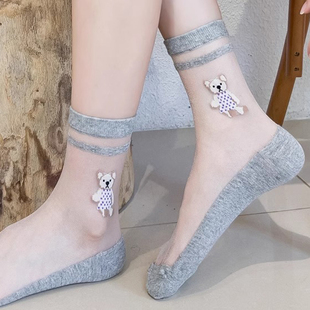 丝袜女短春夏季 中筒透明冰丝纯棉底玻璃水晶小熊防滑蕾丝袜子 薄款