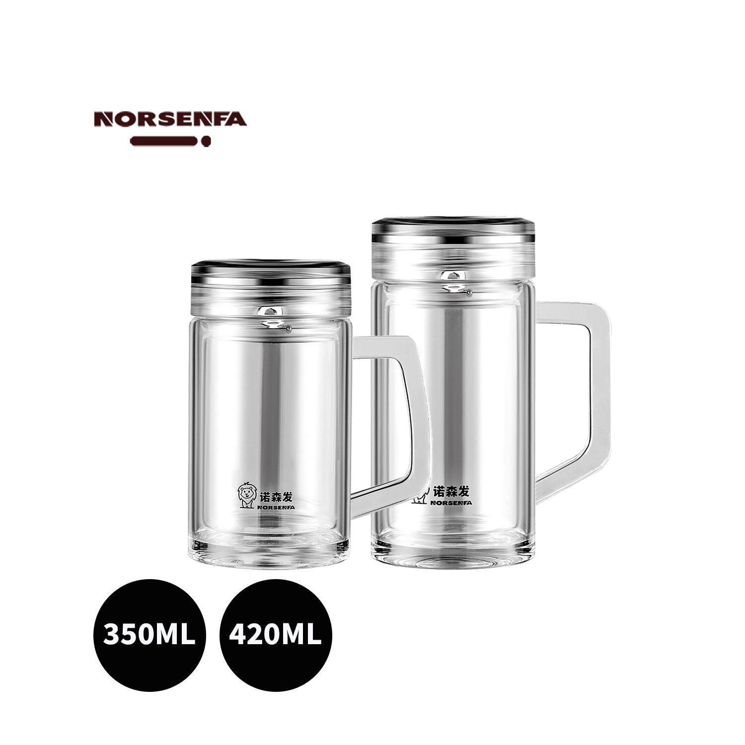 NORSENFA双层水晶手柄玻璃杯高透高硼硅加厚男办公泡茶水杯子茶隔