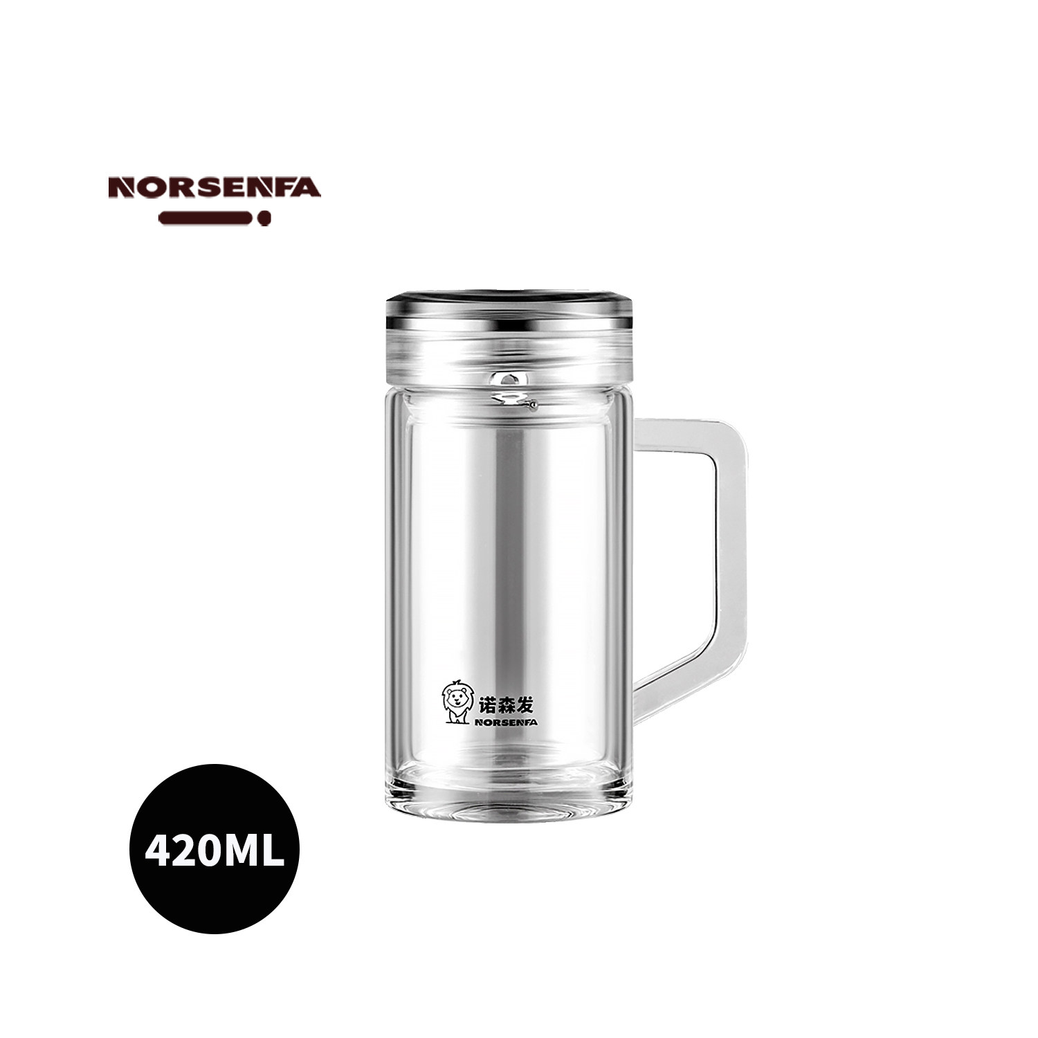 NORSENFA高端双层水晶高硼硅玻璃杯手柄茶隔加厚泡茶水杯防烫隔热