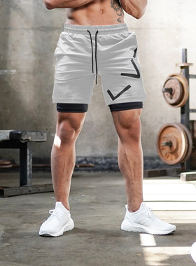 健身国际新款运动裤男短裤五分裤肌肉潮牌速干内衬双层防走光大码