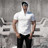 口肌肉健身撸铁狗美式 弹力透气收袖 潮 男T恤连帽拉链开衫 运动短袖