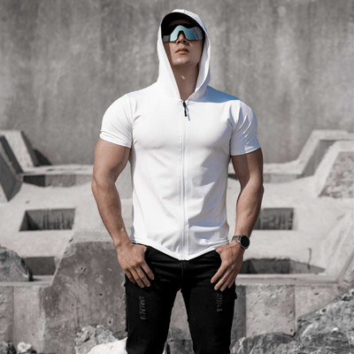 运动短袖男T恤连帽拉链开衫弹力透气收袖口肌肉健身撸铁狗美式潮