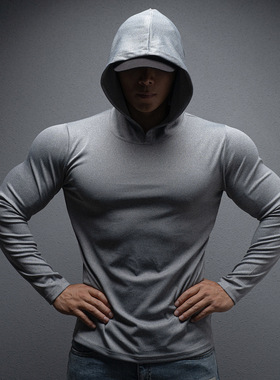 长袖连帽男运动健身透气弹力肌肉撸铁狗卫衣T恤美式潮牌纯色薄款