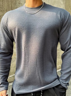 肌理纹运动长袖男T恤卫衣圆领套头健身肌肉透气弹力美式打底潮牌