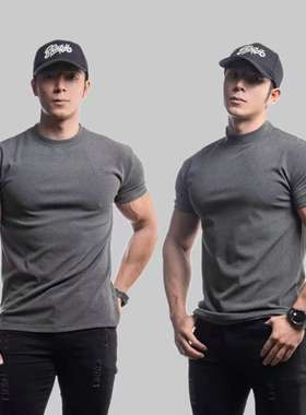 德绒短袖男T恤运动健身训练肌肉撸铁狗收袖口圆领保暖重磅打底衫