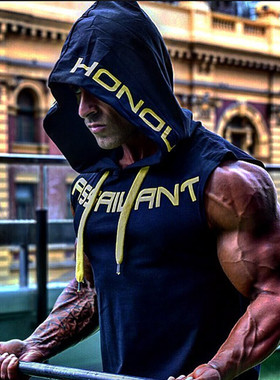 新款运动健身马甲男背心坎肩无袖连帽T恤肌肉型美式狗跑步训练潮