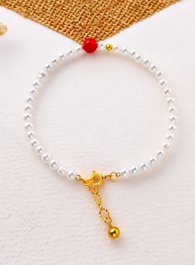 钛钢链珍珠手链女款 简约设计红色玛瑙配饰 送女友闺蜜生日礼物