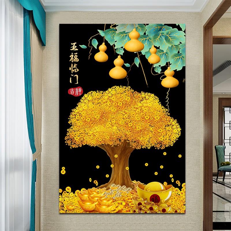 招财树装饰画客厅玄关挂画五福临门办公室茶室贴画纸画发财树壁画图片