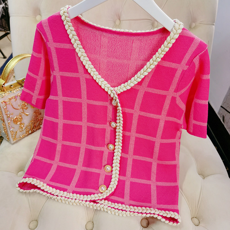 复古港风金线麻花边短款冰丝针织衫法式紫红格纹修身上衣小外套,女装/女士精品,毛针织衫,淘宝优惠券,粉丝福利购,淘宝优惠卷