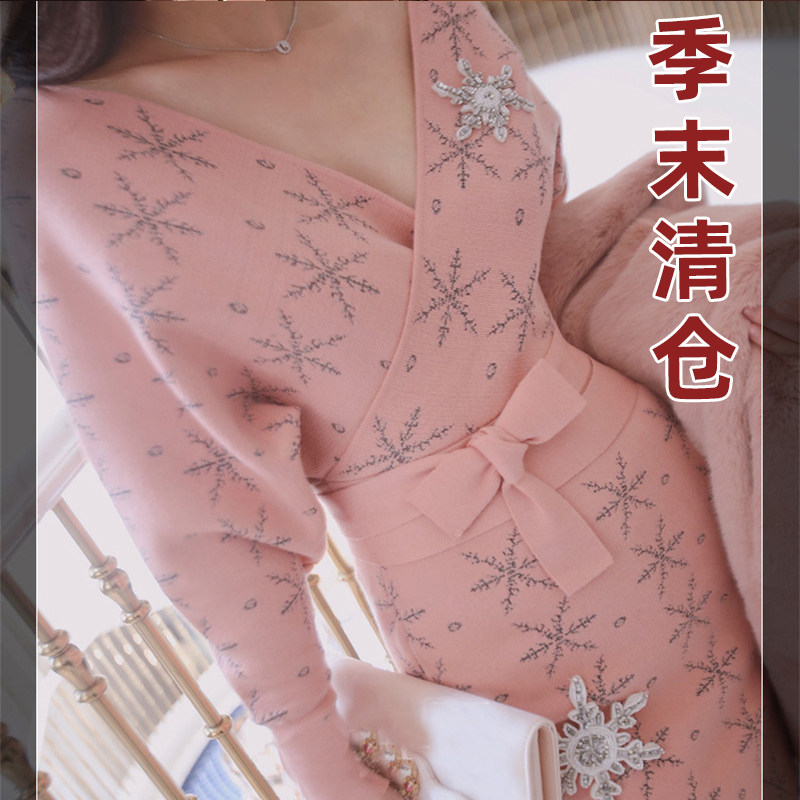 【季末清仓福利】名媛风钉珠刺绣V领收腰系带显瘦长袖针织连衣裙