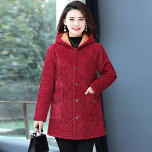 四川省服洋气灯芯绒棉袄款 防寒棉衣中老年女加绒加厚外套 连帽时尚