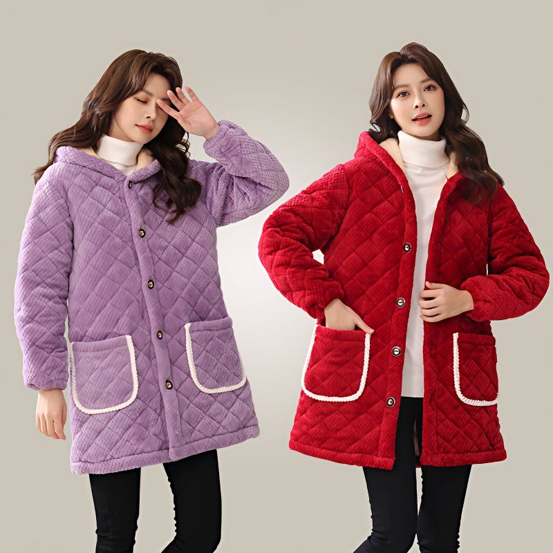 四川省服妈妈装加绒加厚居家棉服冬季中长款罩衣女外穿中老年棉袄